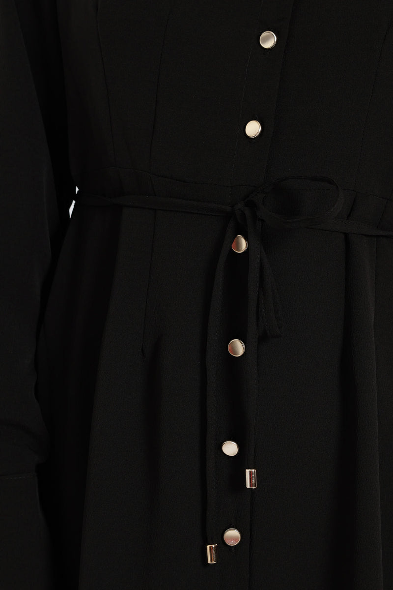 Darted Waisted Midi Shirt Dress - Black