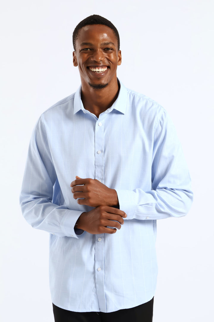 Window Pane Printed Long Sleeve Shirt - Light Blue