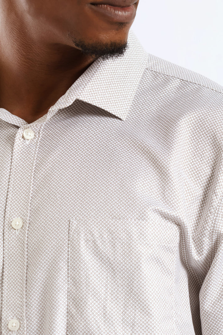Regular Long Sleeve Spotted Textured Shirt - White/Beige