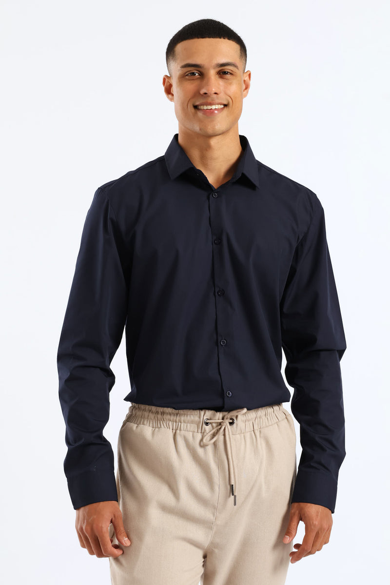 Slim Fit Easy Care Long Sleeve Shirt - Navy