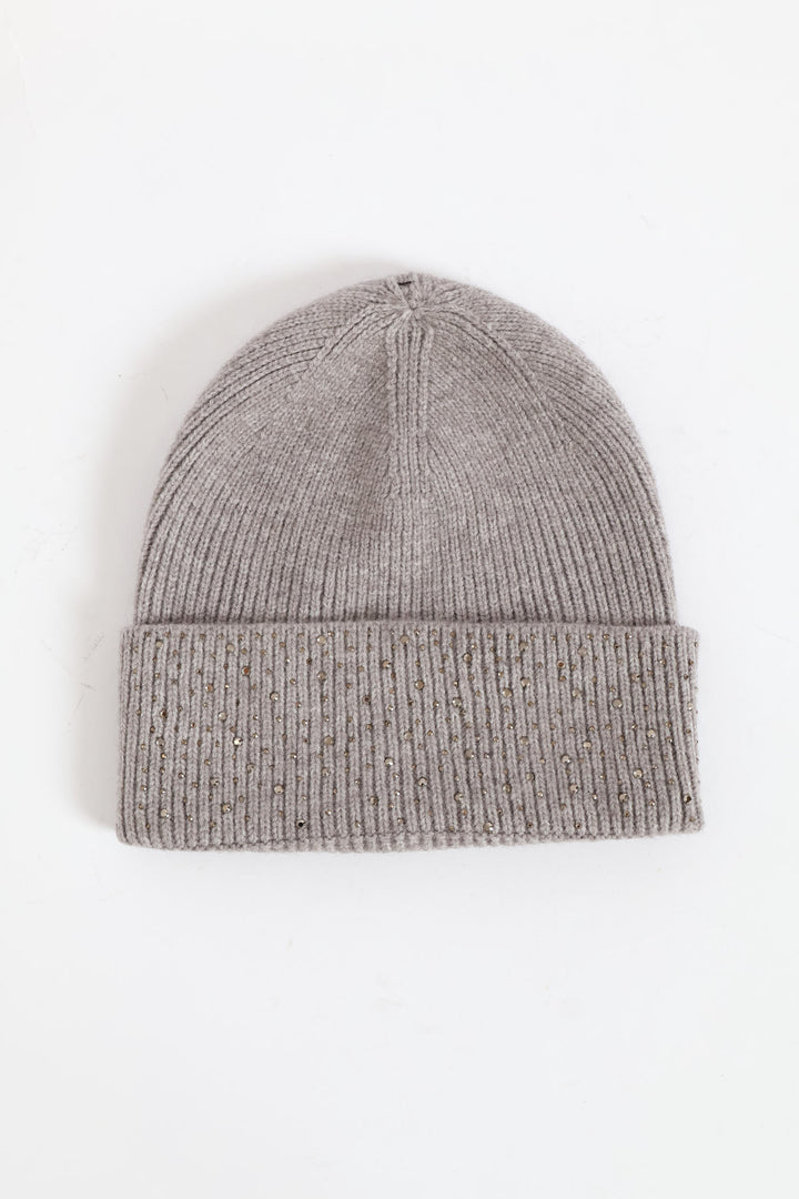 Diamante Turn Up Beanie - Grey