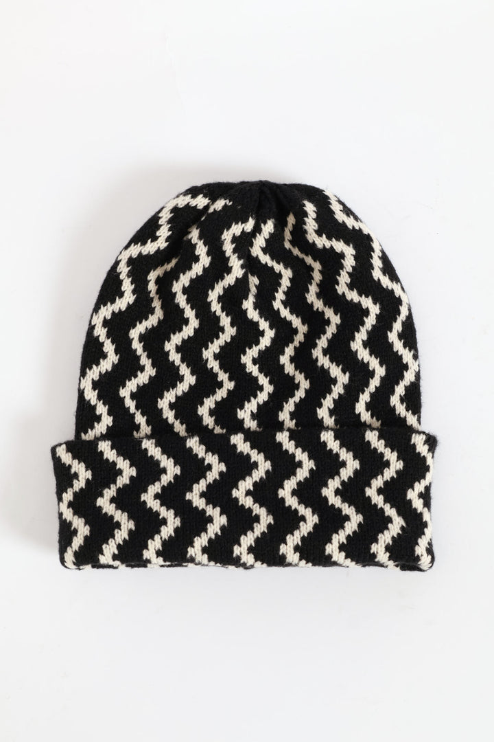 Chevron Turn Up Knitted Beanie - Black/White