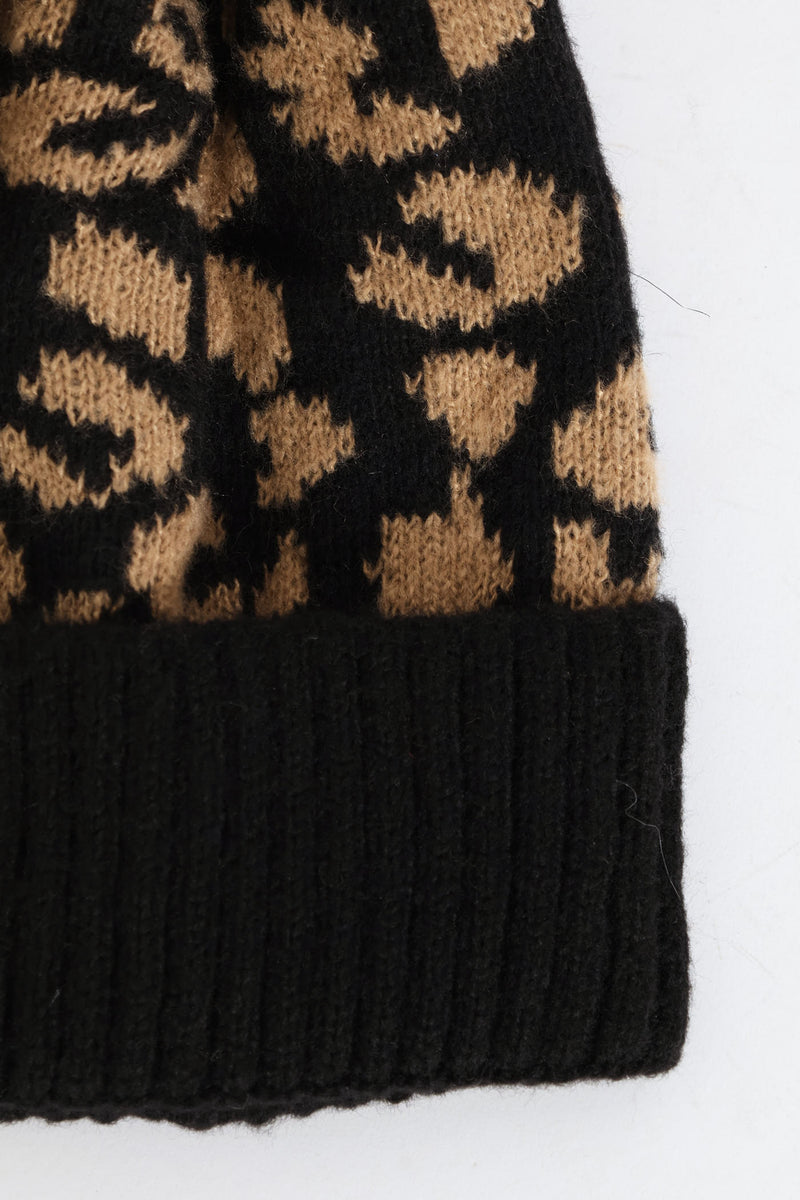 Leopard Turn Up Pom Pom Beanie - Black