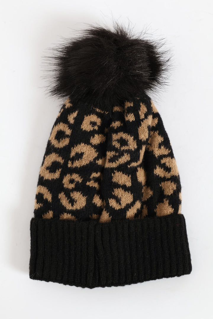 Leopard Turn Up Pom Pom Beanie - Black