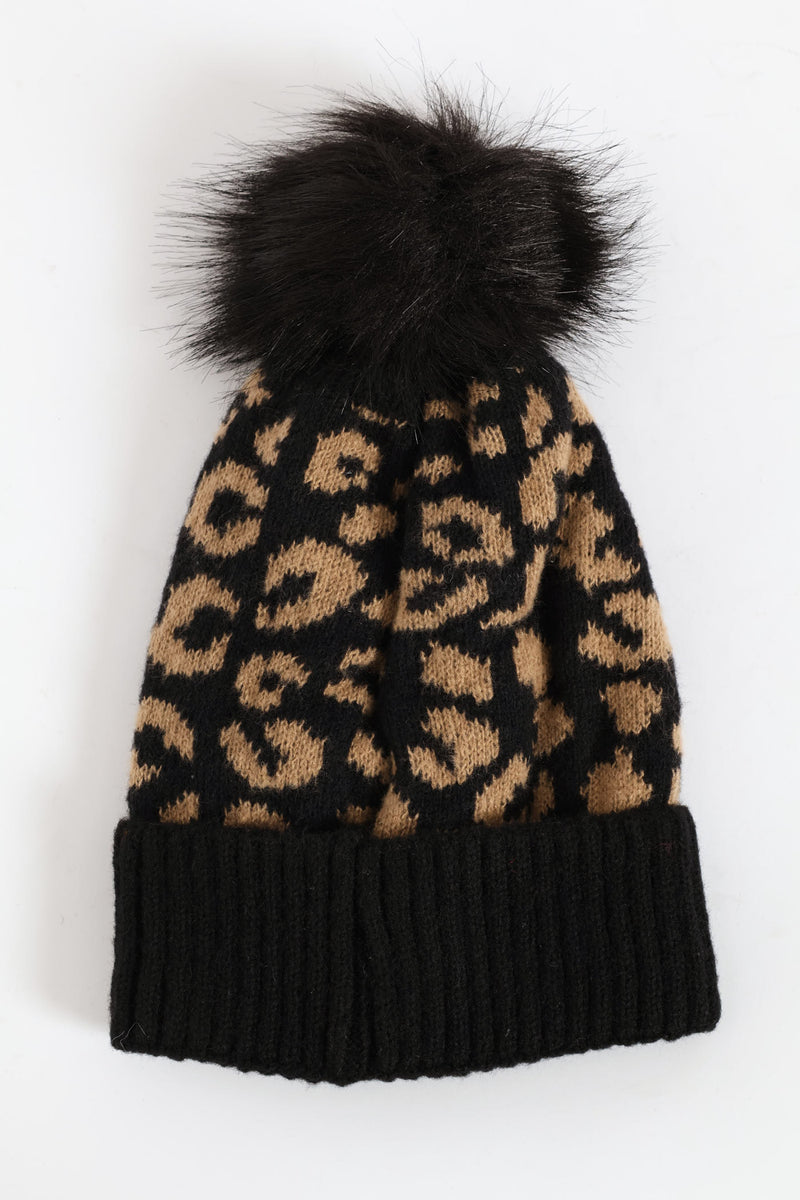 Leopard Turn Up Pom Pom Beanie - Black
