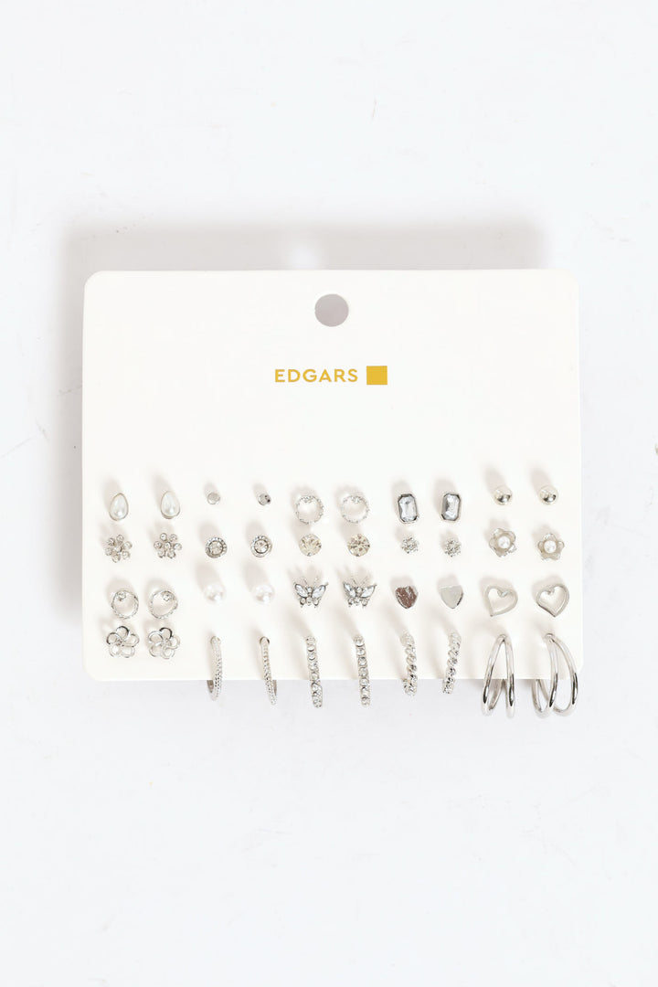 20 Pack Diamante Stud & Hoop Earrings - Silver