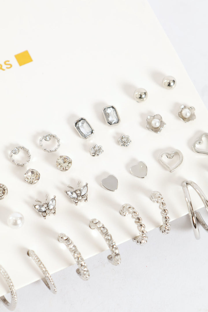 20 Pack Diamante Stud & Hoop Earrings - Silver