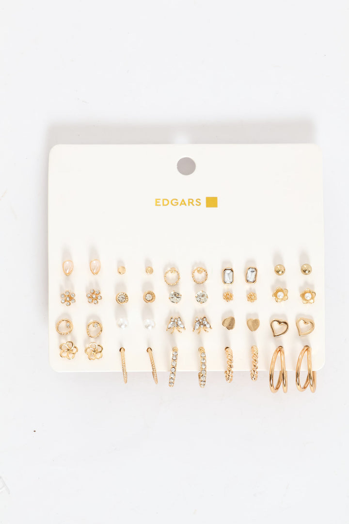 20 Pack Diamante Stud & Hoop Earrings - Gold