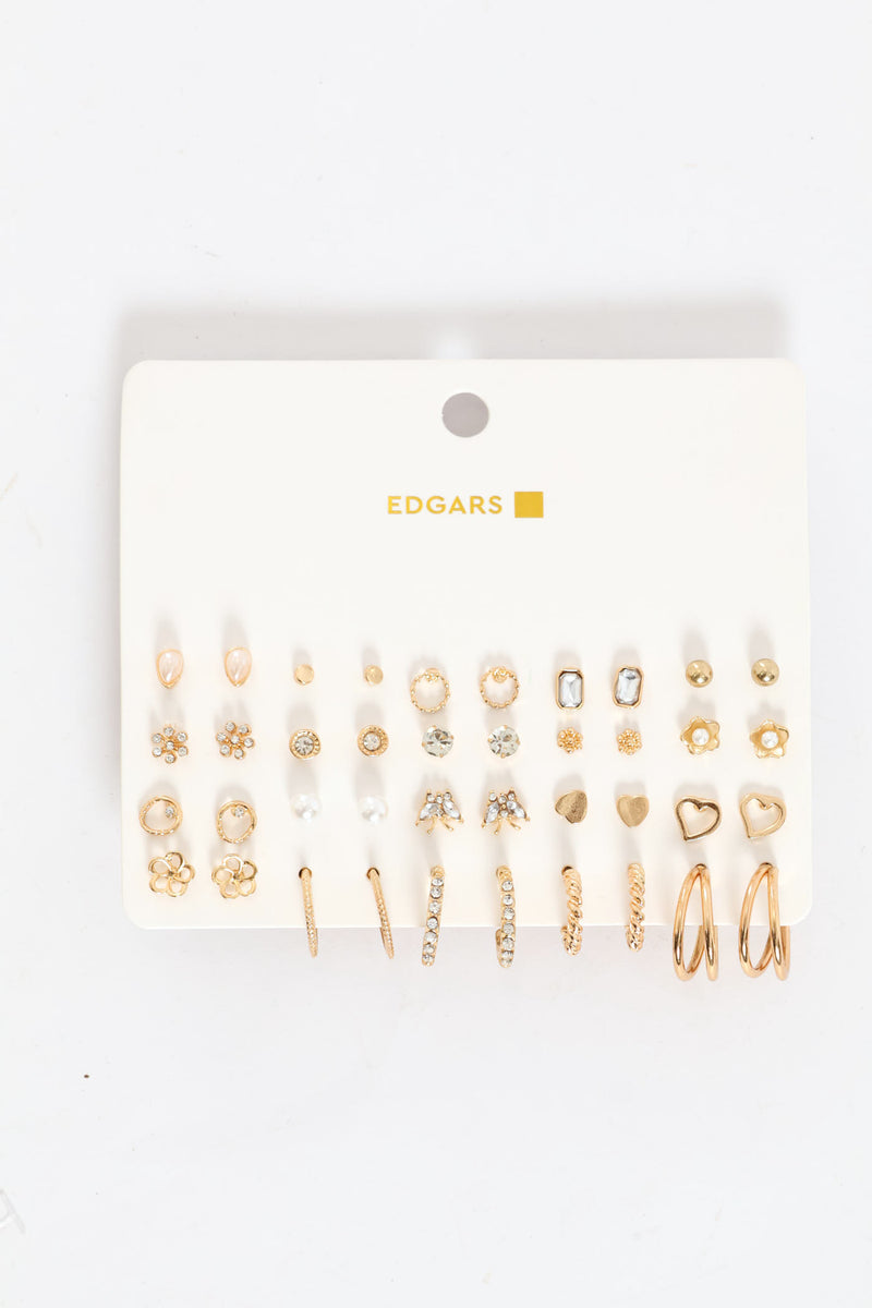 20 Pack Diamante Stud & Hoop Earrings - Gold