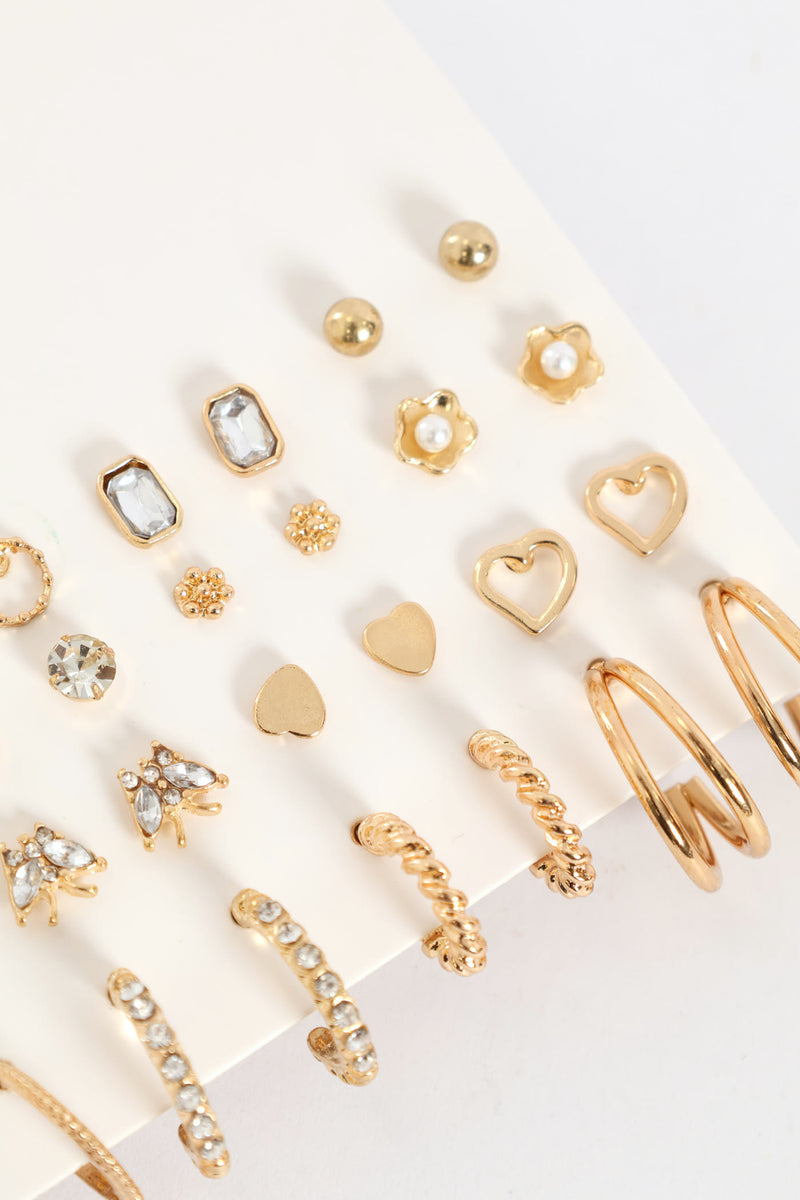 20 Pack Diamante Stud & Hoop Earrings - Gold