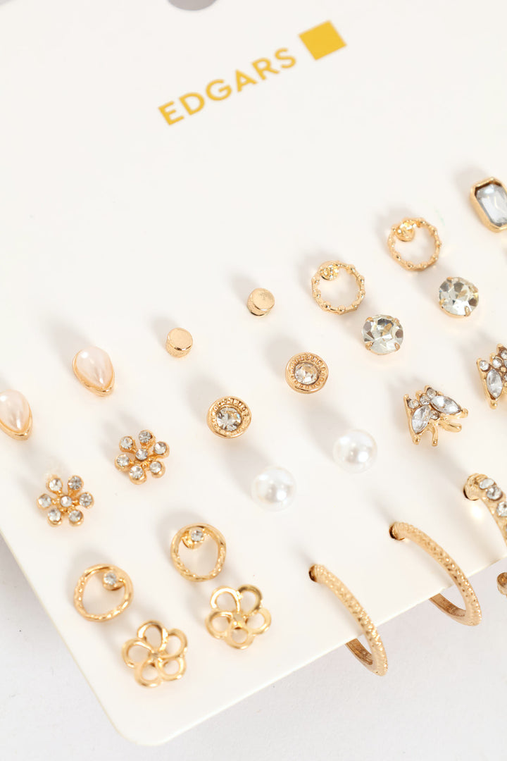 20 Pack Diamante Stud & Hoop Earrings - Gold