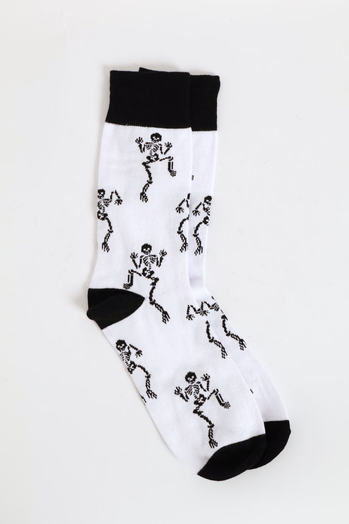 Happy Dancing Skeleton Single Anklet Sock - White