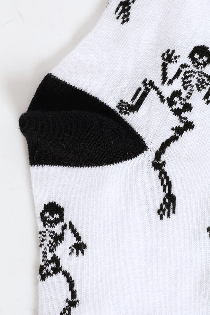 Happy Dancing Skeleton Single Anklet Sock - White