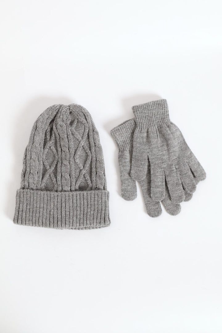 Cable Knit Turn Up Beanie Glove Set - Light Grey
