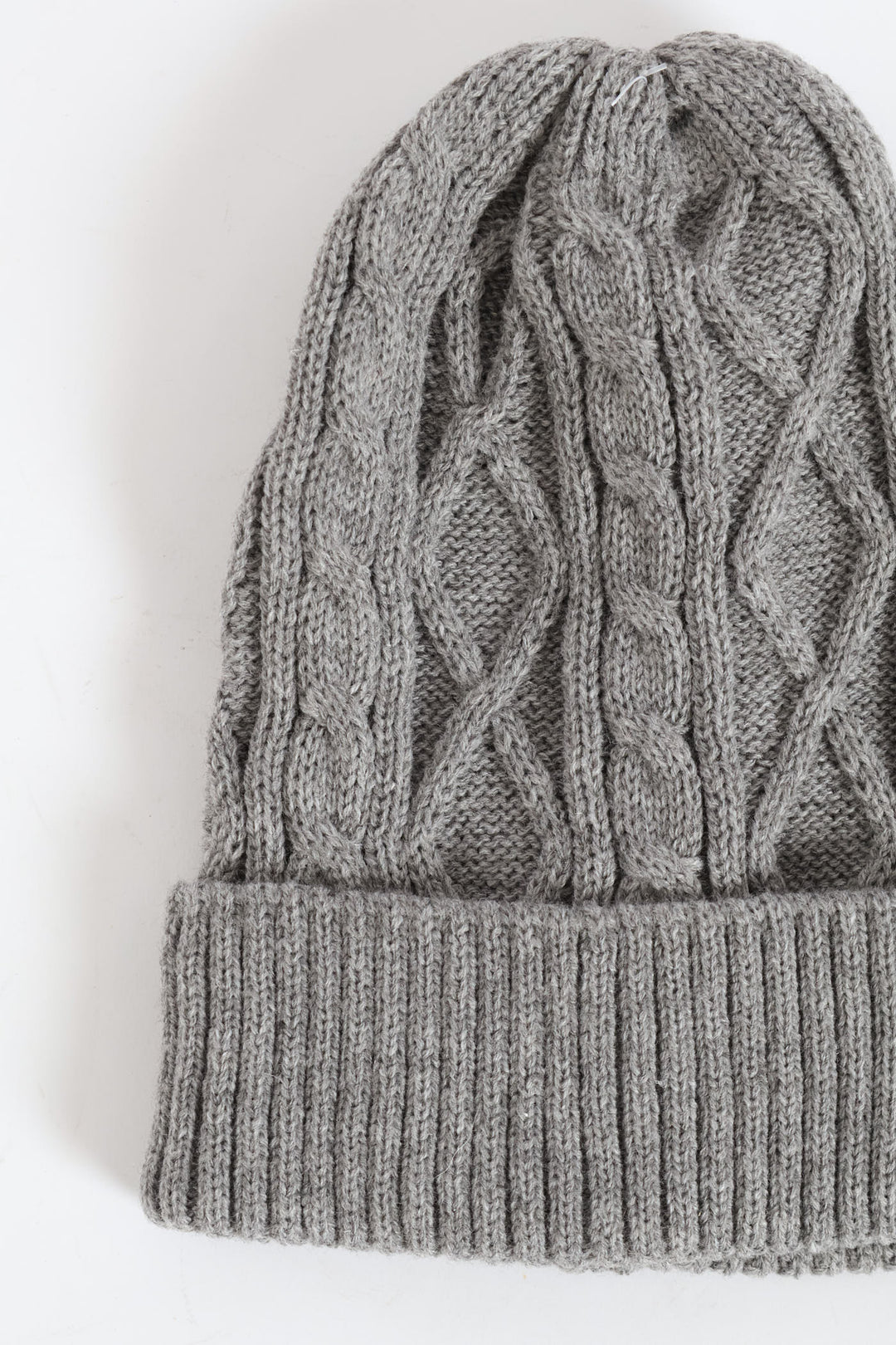Cable Knit Turn Up Beanie Glove Set - Light Grey
