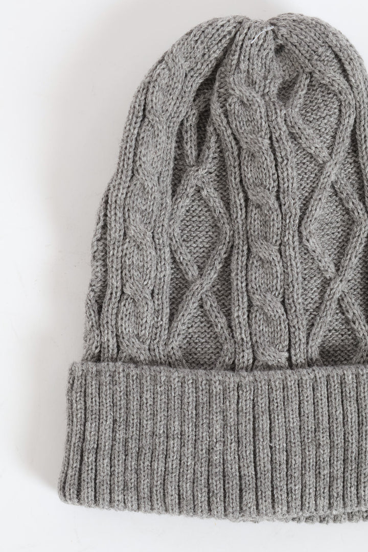 Cable Knit Turn Up Beanie Glove Set - Light Grey