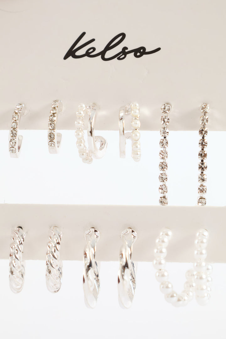 6 Pack Small Pearl Bead Hoops & Drop Earrings - Silver