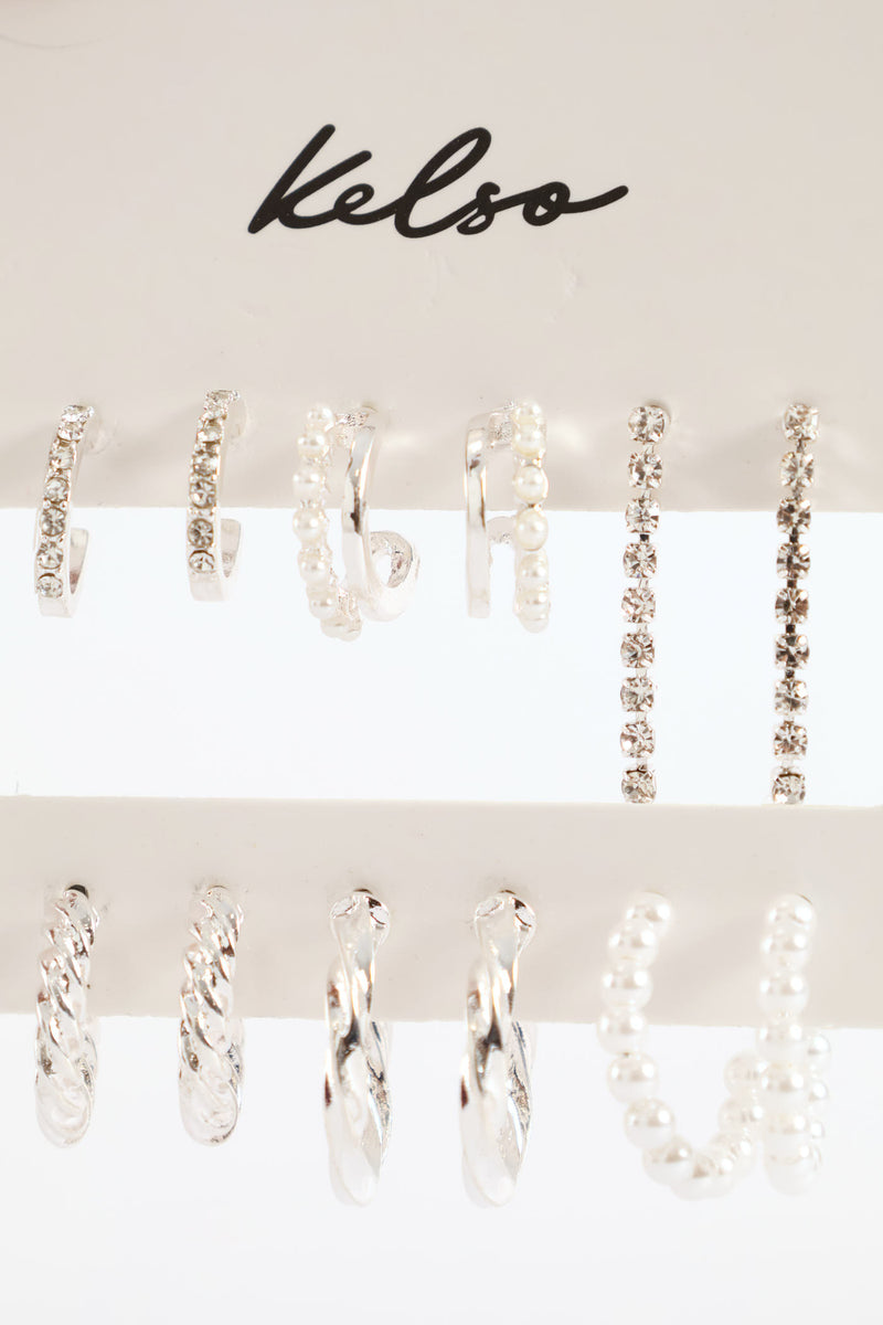 6 Pack Small Pearl Bead Hoops & Drop Earrings - Silver
