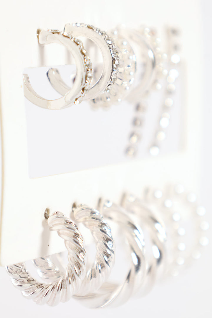 6 Pack Small Pearl Bead Hoops & Drop Earrings - Silver