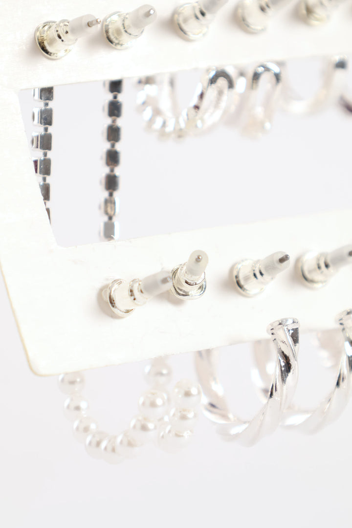 6 Pack Small Pearl Bead Hoops & Drop Earrings - Silver