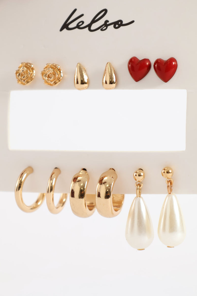 6 Pack Heart Stud Pearl Bead Drop Earrings - Gold