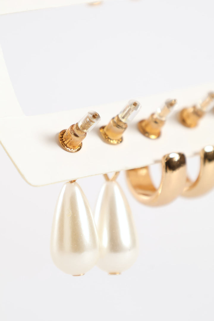 6 Pack Heart Stud Pearl Bead Drop Earrings - Gold