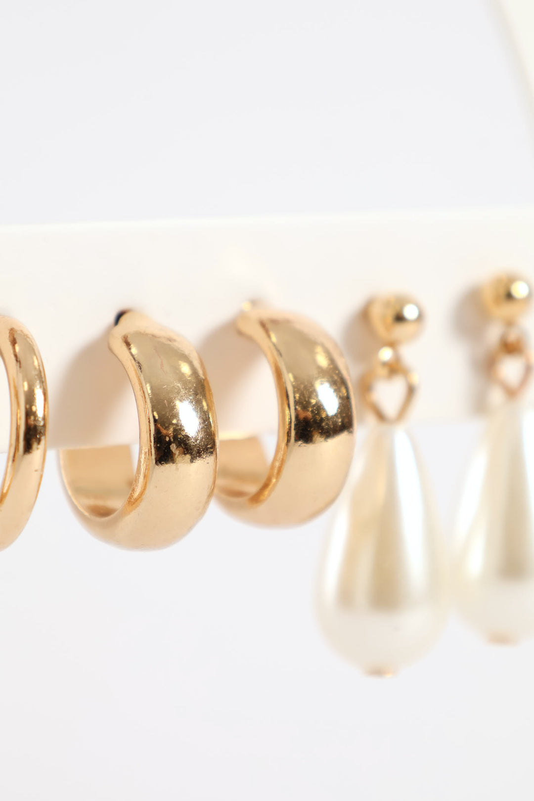 6 Pack Heart Stud Pearl Bead Drop Earrings - Gold