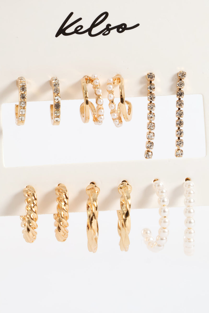 6 Pack Small Pearl Bead Hoops & Drop Earrings - Gold
