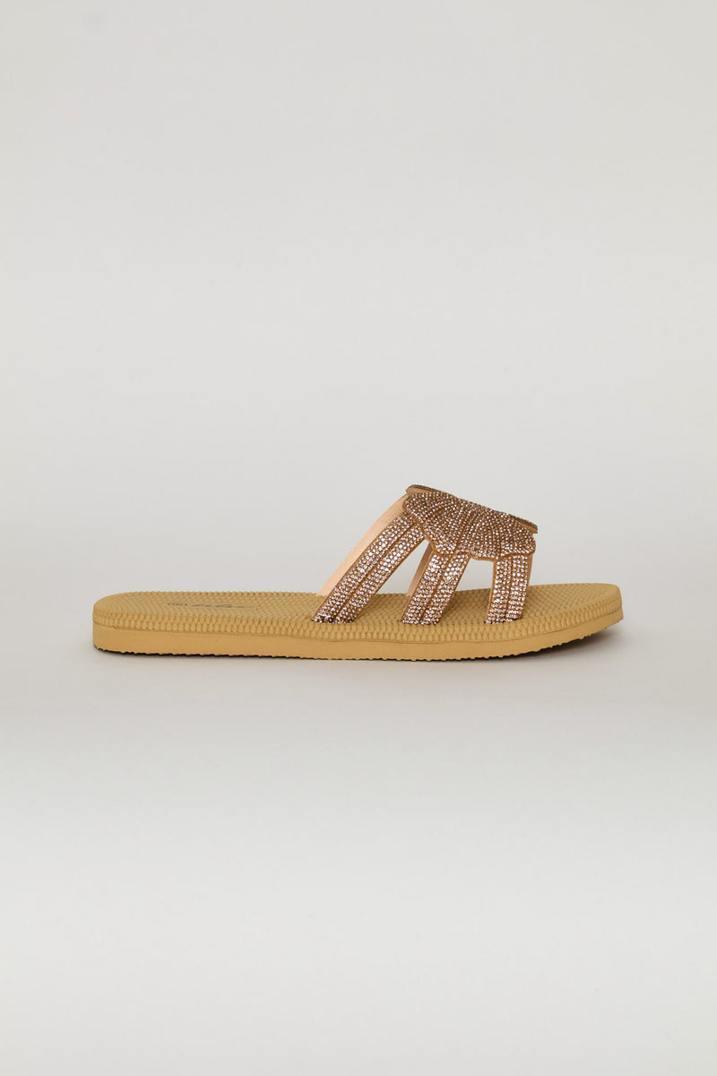 Flower Des Diamante Single Band Mule Sandal - Rose Gold