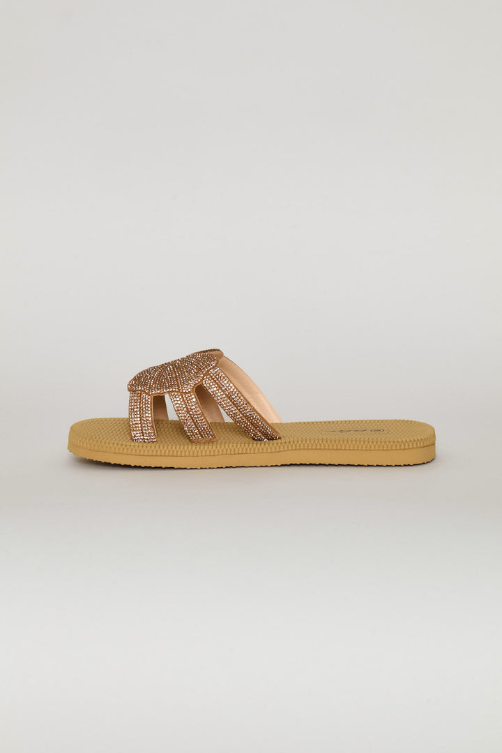Flower Des Diamante Single Band Mule Sandal - Rose Gold