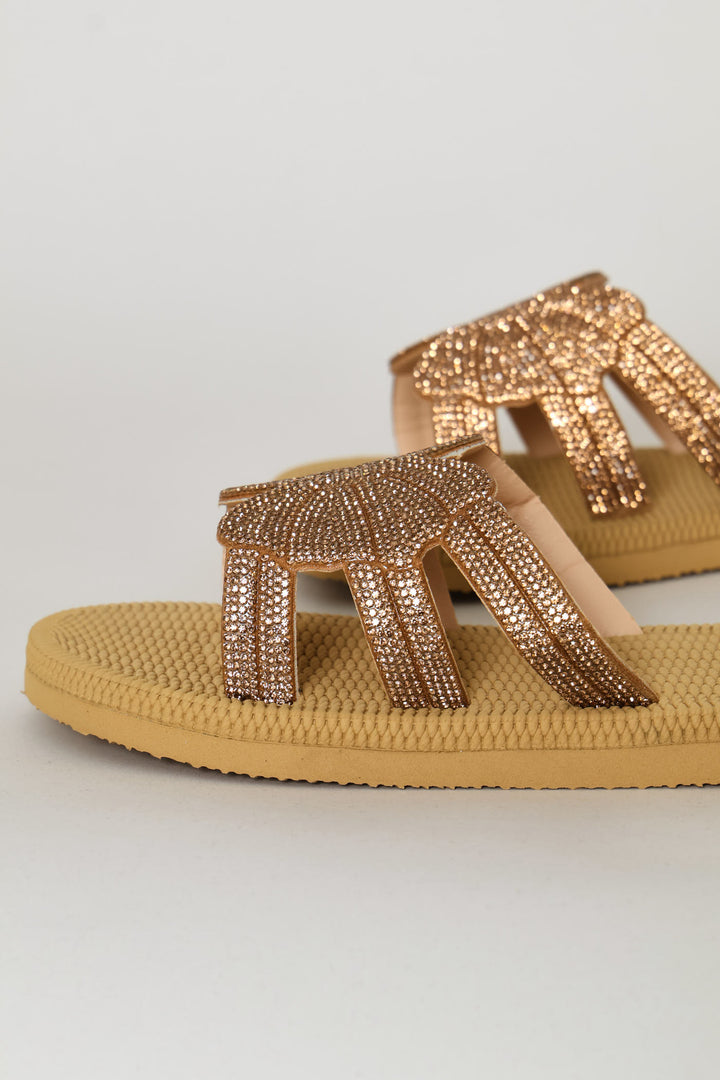 Flower Des Diamante Single Band Mule Sandal - Rose Gold