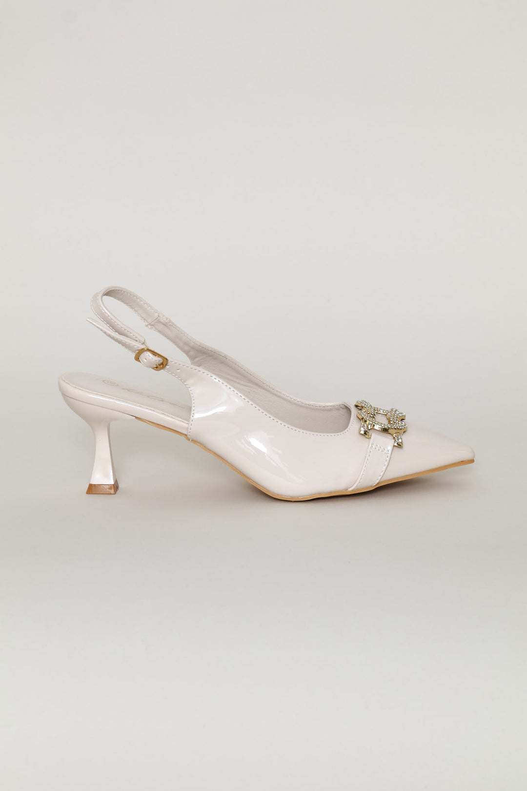 Diamante Trim Slingback Kitten Heel - Cream