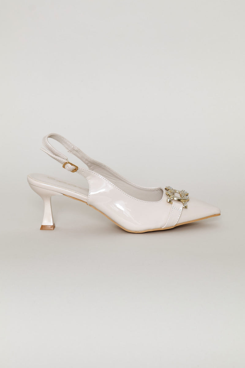 Diamante Trim Slingback Kitten Heel - Cream