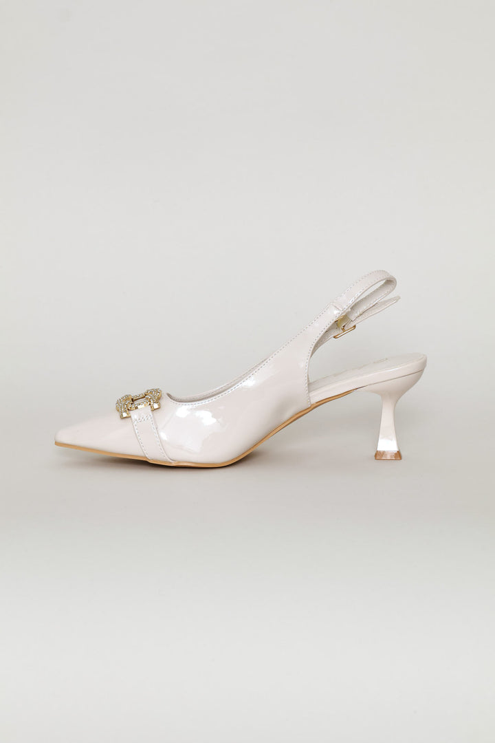 Diamante Trim Slingback Kitten Heel - Cream