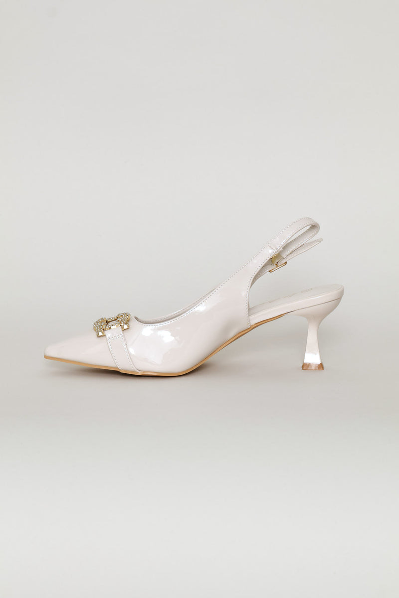 Diamante Trim Slingback Kitten Heel - Cream