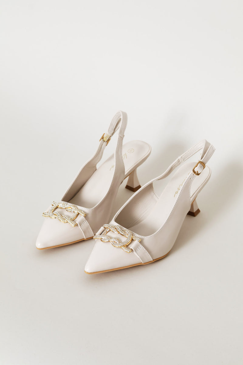 Diamante Trim Slingback Kitten Heel - Cream