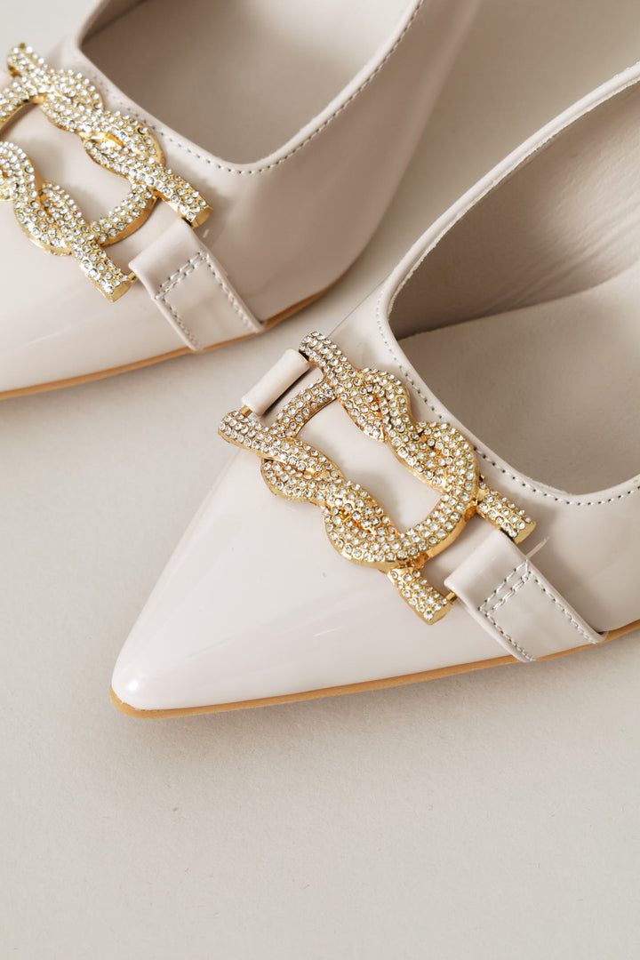 Diamante Trim Slingback Kitten Heel - Cream