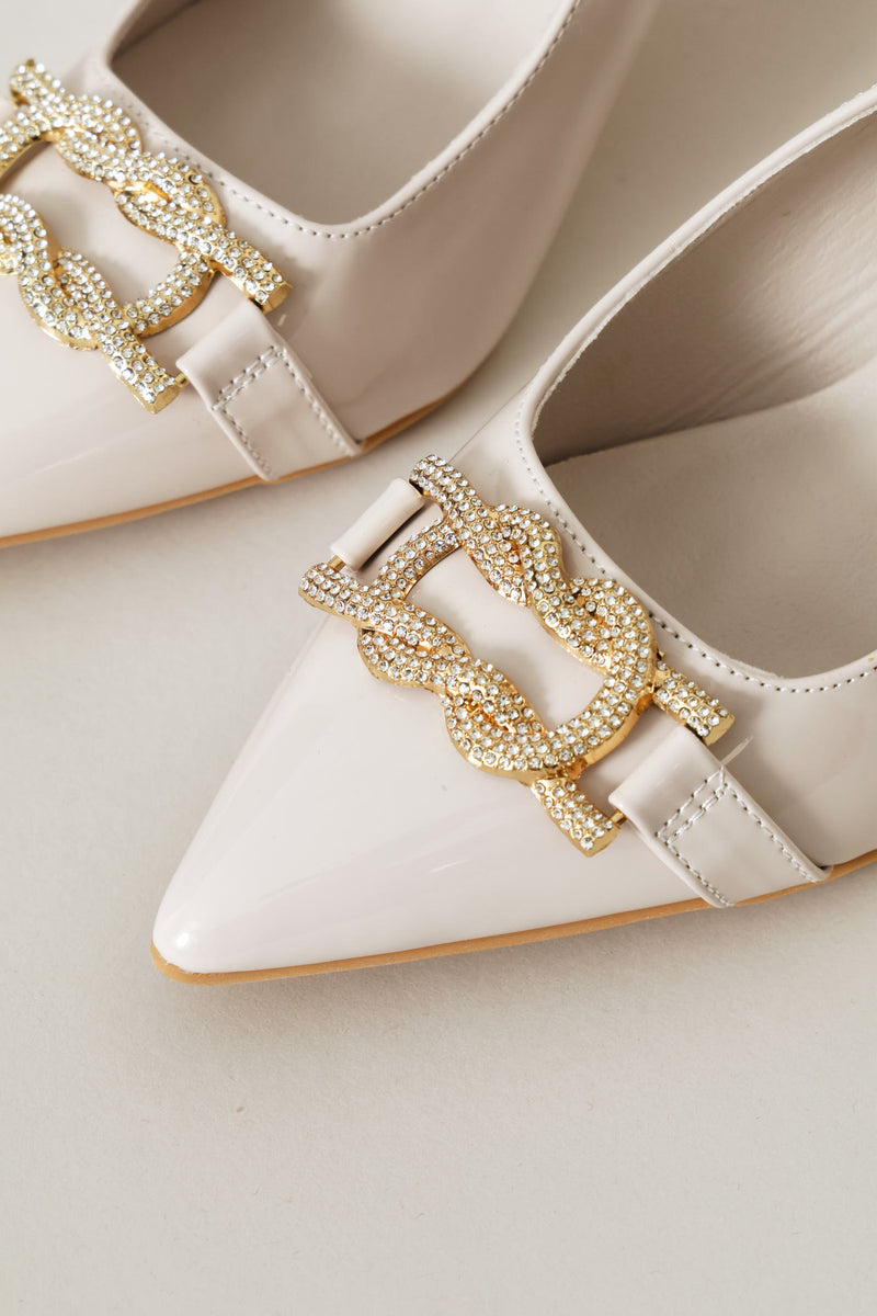 Diamante Trim Slingback Kitten Heel - Cream
