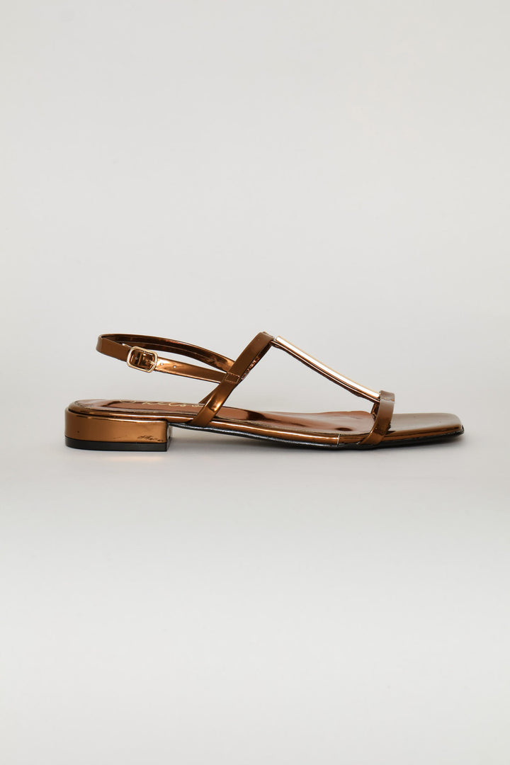 Metal Trim Low Block T-Bar Mule Sandal - Bronze