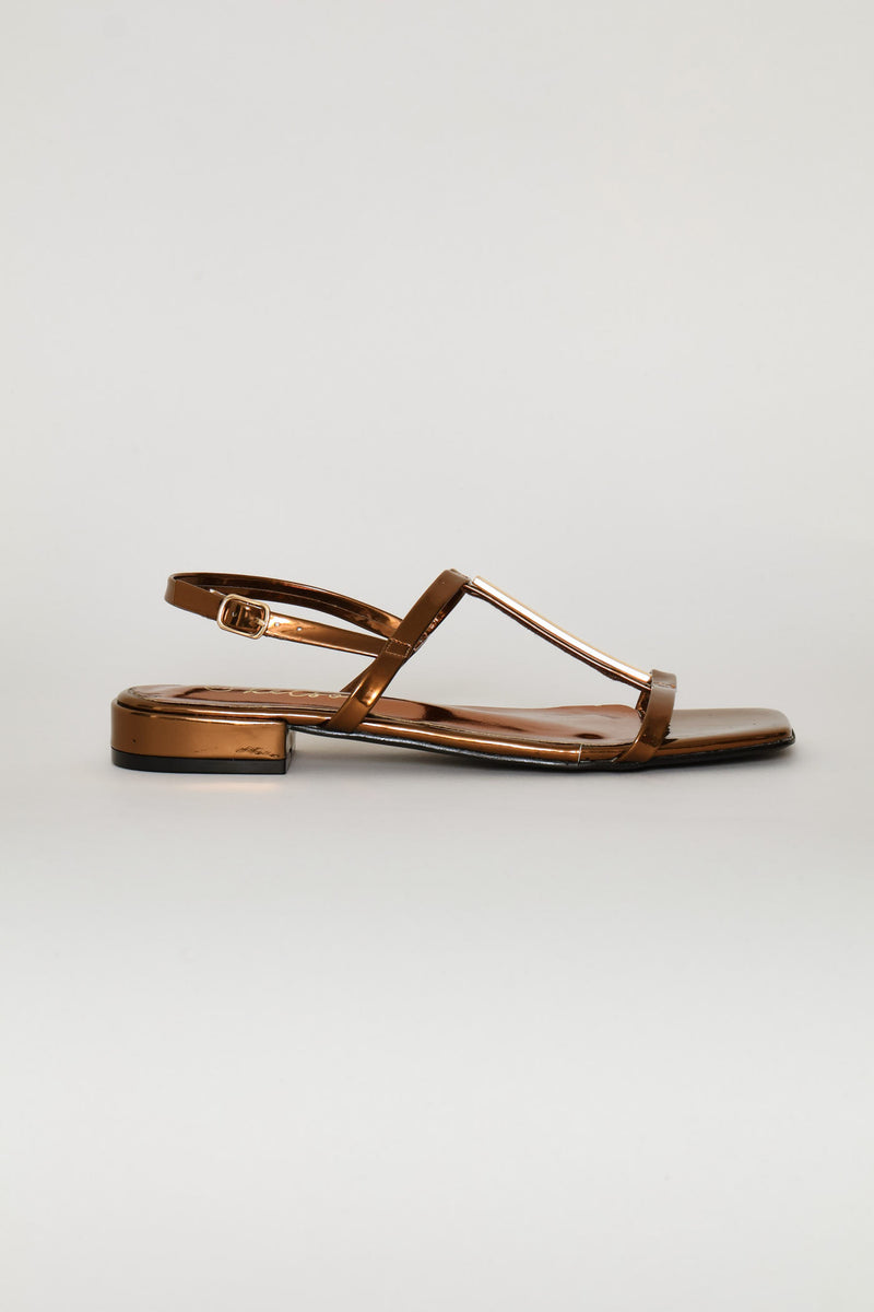Metal Trim Low Block T-Bar Mule Sandal - Bronze