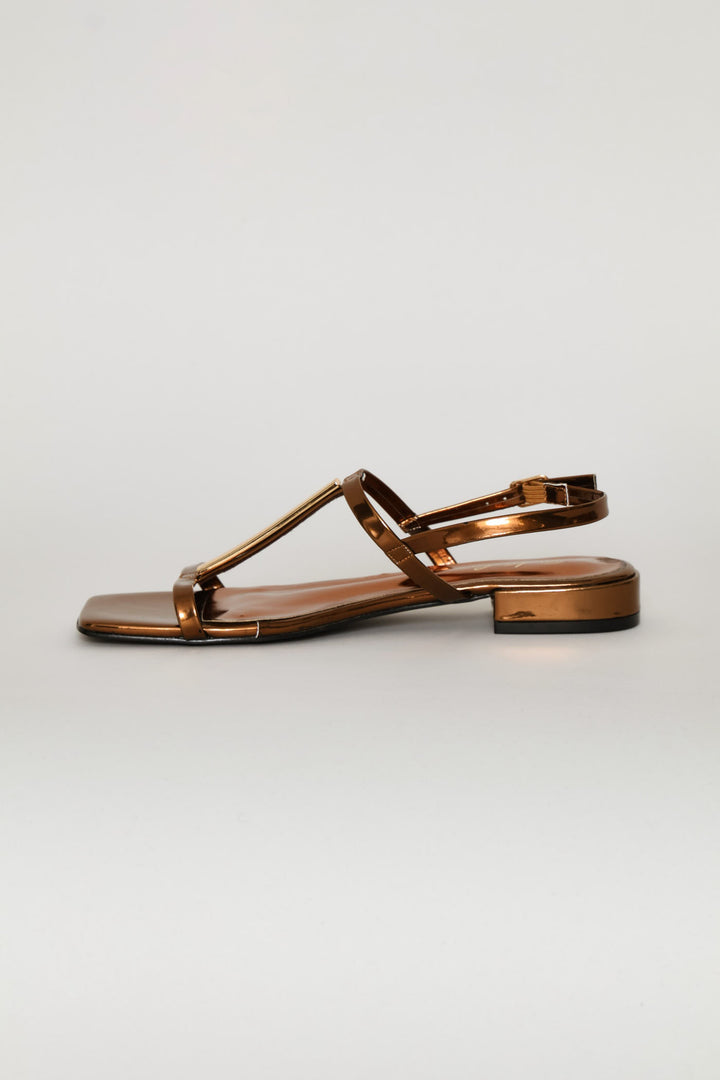 Metal Trim Low Block T-Bar Mule Sandal - Bronze