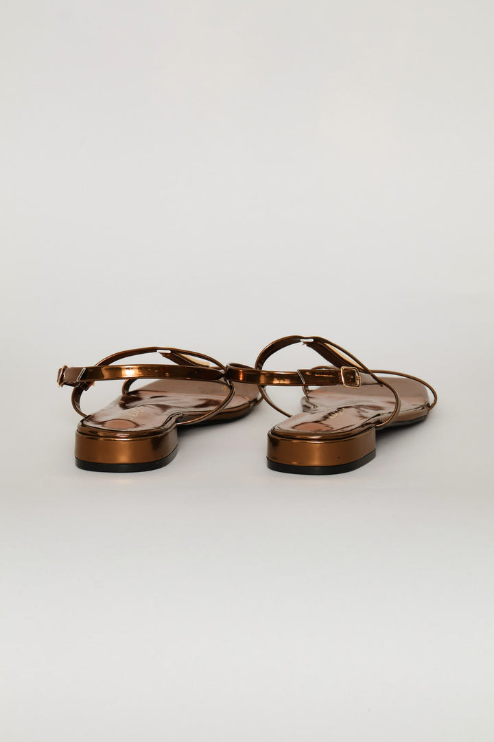 Metal Trim Low Block T-Bar Mule Sandal - Bronze
