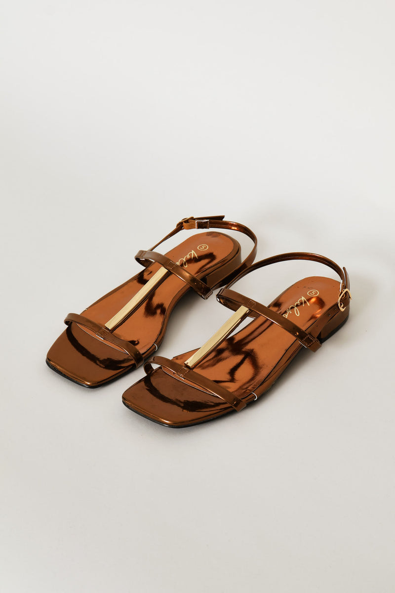 Metal Trim Low Block T-Bar Mule Sandal - Bronze