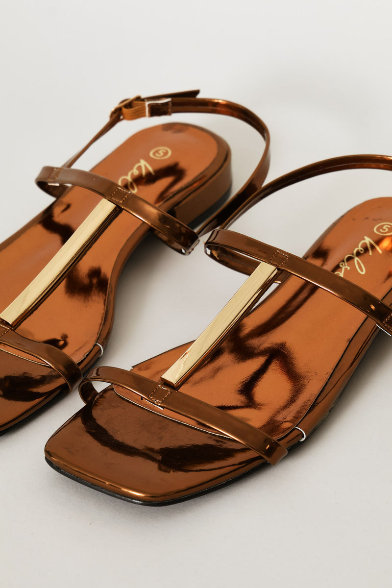 Metal Trim Low Block T-Bar Mule Sandal - Bronze