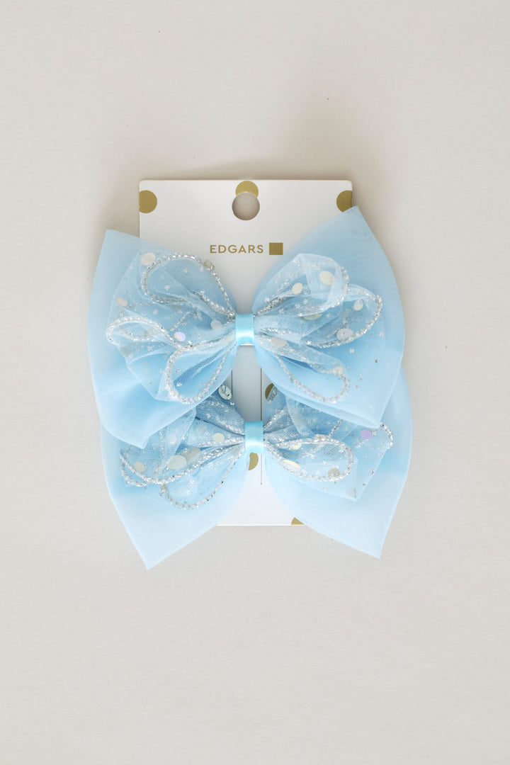 Pre-Girls 2 Pack Tulle Glitter Bow Clip - Blue