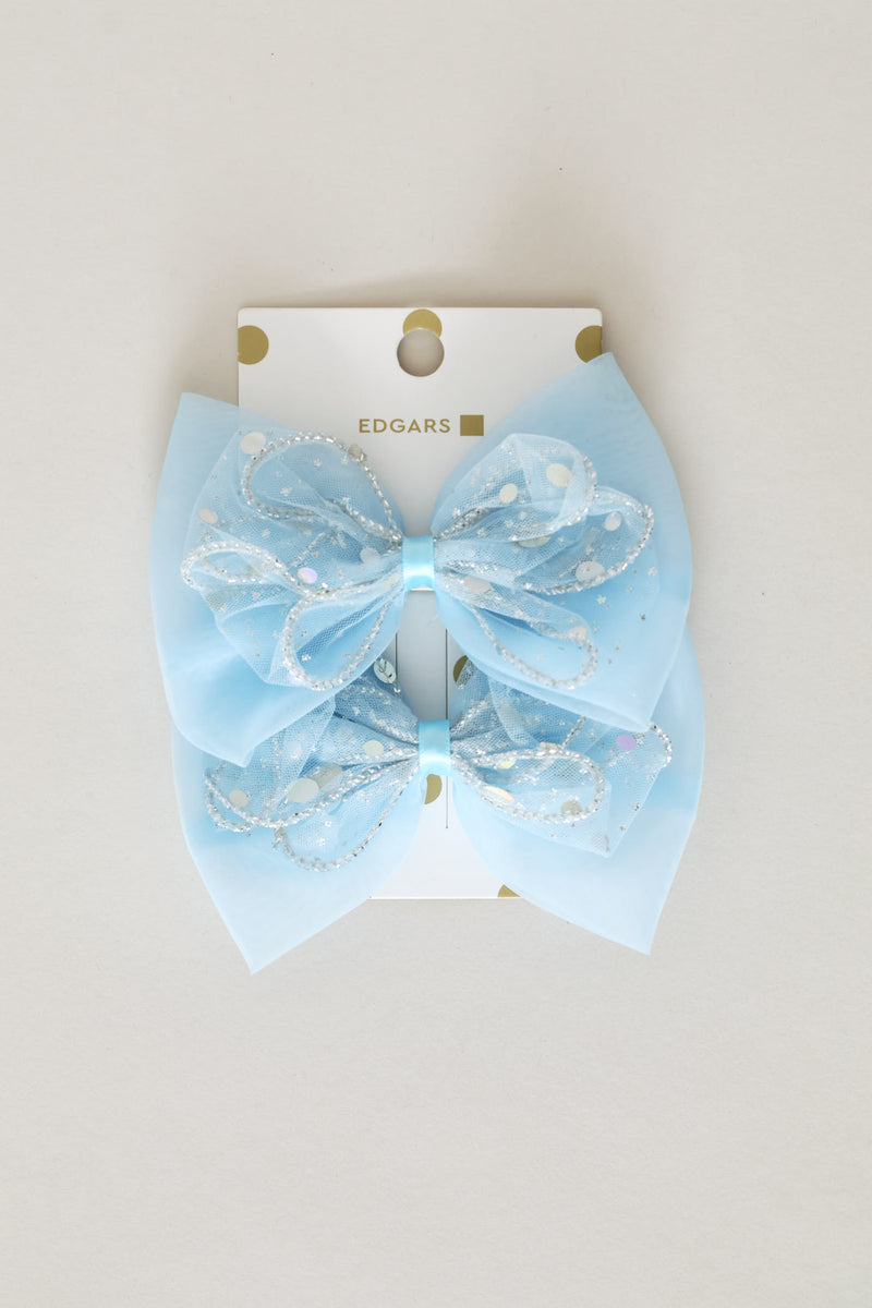 Pre-Girls 2 Pack Tulle Glitter Bow Clip - Blue