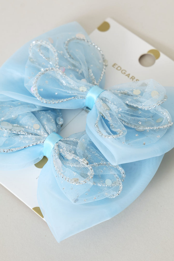 Pre-Girls 2 Pack Tulle Glitter Bow Clip - Blue