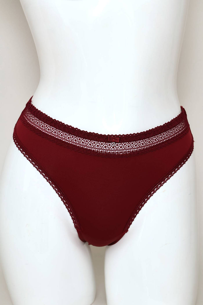 Lace Trim Bonded Thong Panty - Burgundy