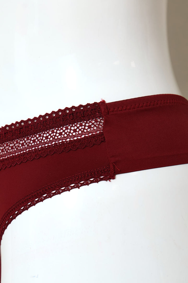 Lace Trim Bonded Thong Panty - Burgundy