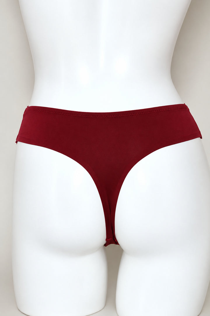 Lace Trim Bonded Thong Panty - Burgundy